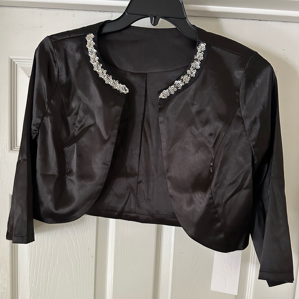 Allegra K Black Cropped Jacket with Embellished Collar
